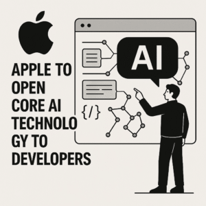 Apple anuncia la apertura de su tecnología de inteligencia artificial (IA) a desarrolladores. Imagen con el logo de Apple, un gráfico de IA y un desarrollador señalando una pantalla.