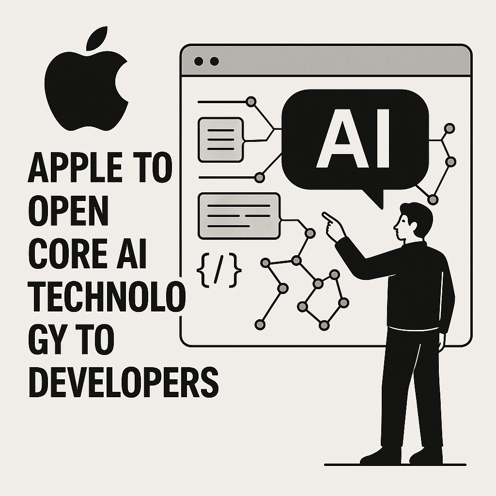 Apple anuncia la apertura de su tecnología de inteligencia artificial (IA) a desarrolladores. Imagen con el logo de Apple, un gráfico de IA y un desarrollador señalando una pantalla.