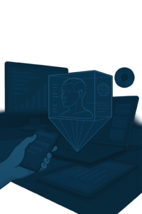 Ilustración de computación holográfica mostrando dispositivos móviles y computadoras con proyección 3D interactiva.