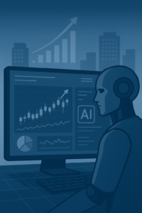 Ilustración de algoritmos de IA analizando gráficos financieros en la bolsa de valores, mostrando tendencias y predicciones.