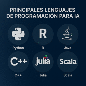 Gráfico comparativo de los lenguajes de programación más utilizados en inteligencia artificial en 2025, incluyendo Python, R, Java, C++, Julia y Scala.