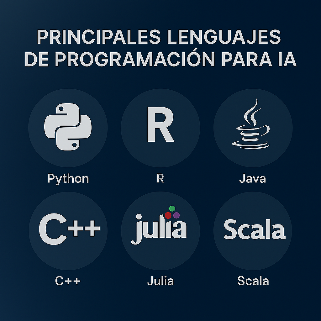 Gráfico comparativo de los lenguajes de programación más utilizados en inteligencia artificial en 2025, incluyendo Python, R, Java, C++, Julia y Scala.