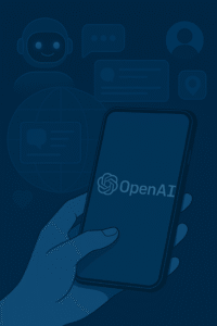 Ilustración conceptual de la red social de OpenAI, mostrando interacción basada en inteligencia artificial y moderación automática.