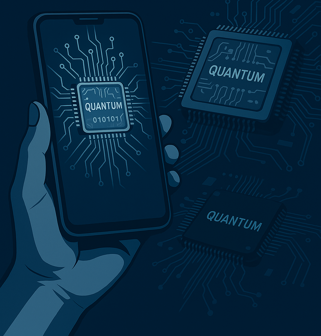 Ilustración futurista de un procesador cuántico integrado en un dispositivo móvil, representando avances en velocidad y eficiencia energética.