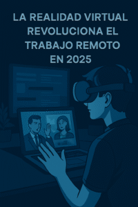 Ilustración de un entorno virtual de trabajo, donde avatares colaboran en una oficina digital con tecnología avanzada de realidad virtual.