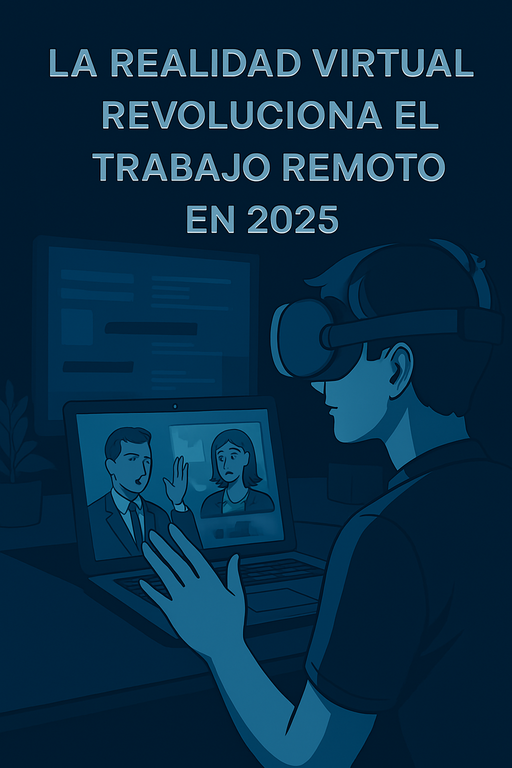 Ilustración de un entorno virtual de trabajo, donde avatares colaboran en una oficina digital con tecnología avanzada de realidad virtual.