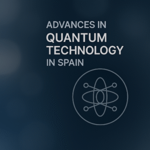 Ilustración abstracta representando la tecnología cuántica en España, con gráficos de circuitos cuánticos, conexiones y elementos futuristas. Simboliza el avance en hardware y algoritmos cuánticos.