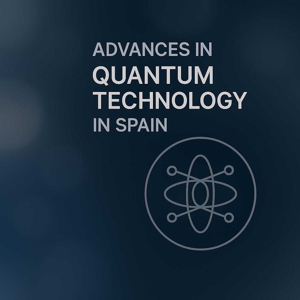 Ilustración abstracta representando la tecnología cuántica en España, con gráficos de circuitos cuánticos, conexiones y elementos futuristas. Simboliza el avance en hardware y algoritmos cuánticos.