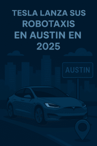 Ilustración futurista de los robotaxis Tesla Model Y autónomos circulando por Austin en 2025, con tecnología avanzada de inteligencia artificial.